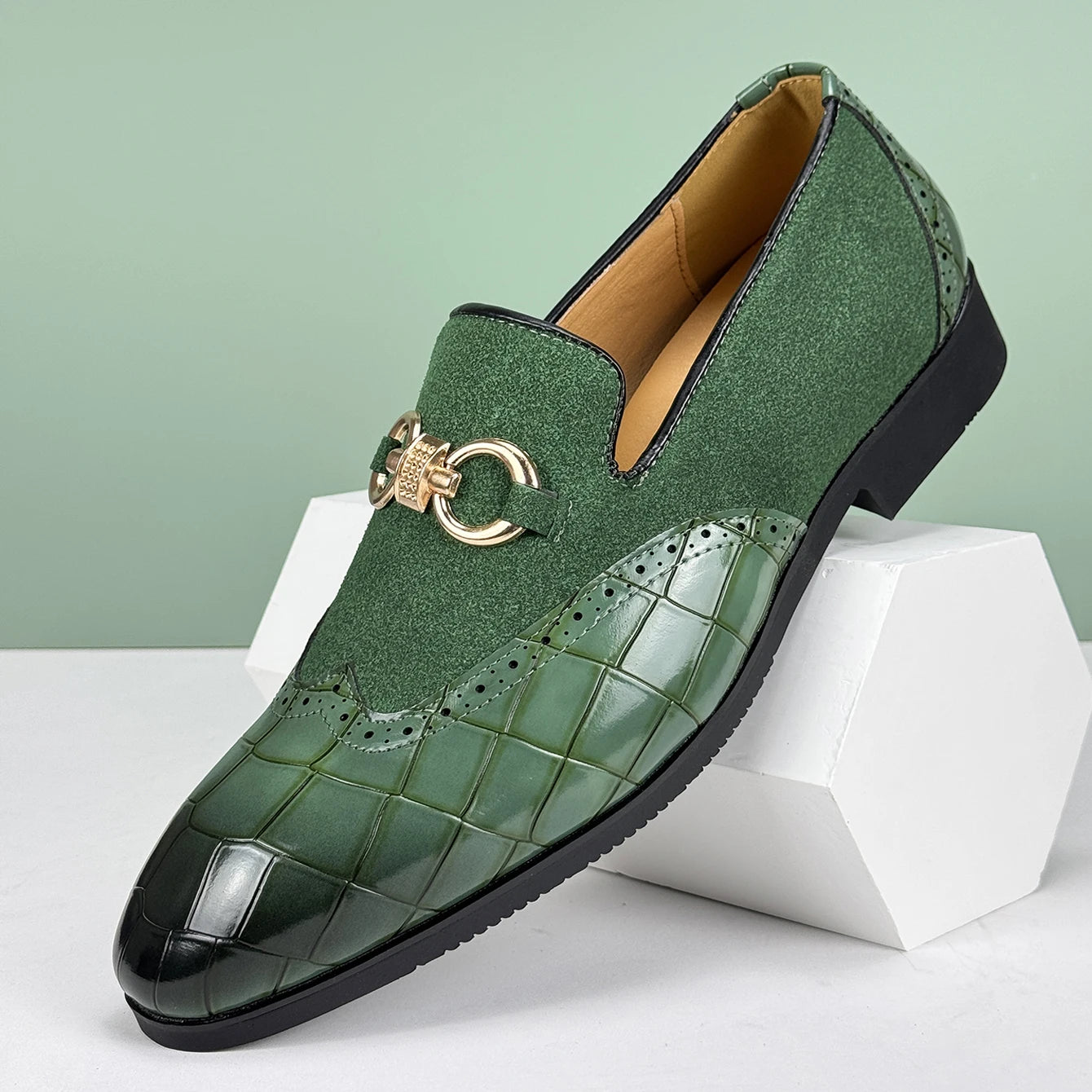 Mens Green Leather Dress Shoes, Slip-On, Pointed Toe, Non-Slip