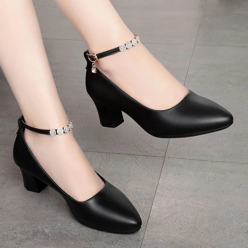 Women's Pumps Black Soft Patent Leather Square Heel With Buckle