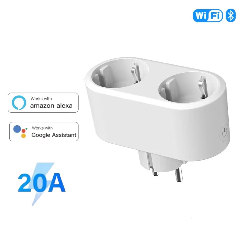 Tuya Wifi Smart Dual Plug Socket Eu 16A 20A 2 in 1 Function with Power Monitor Voice Control Smart Life Works with Alexa Google