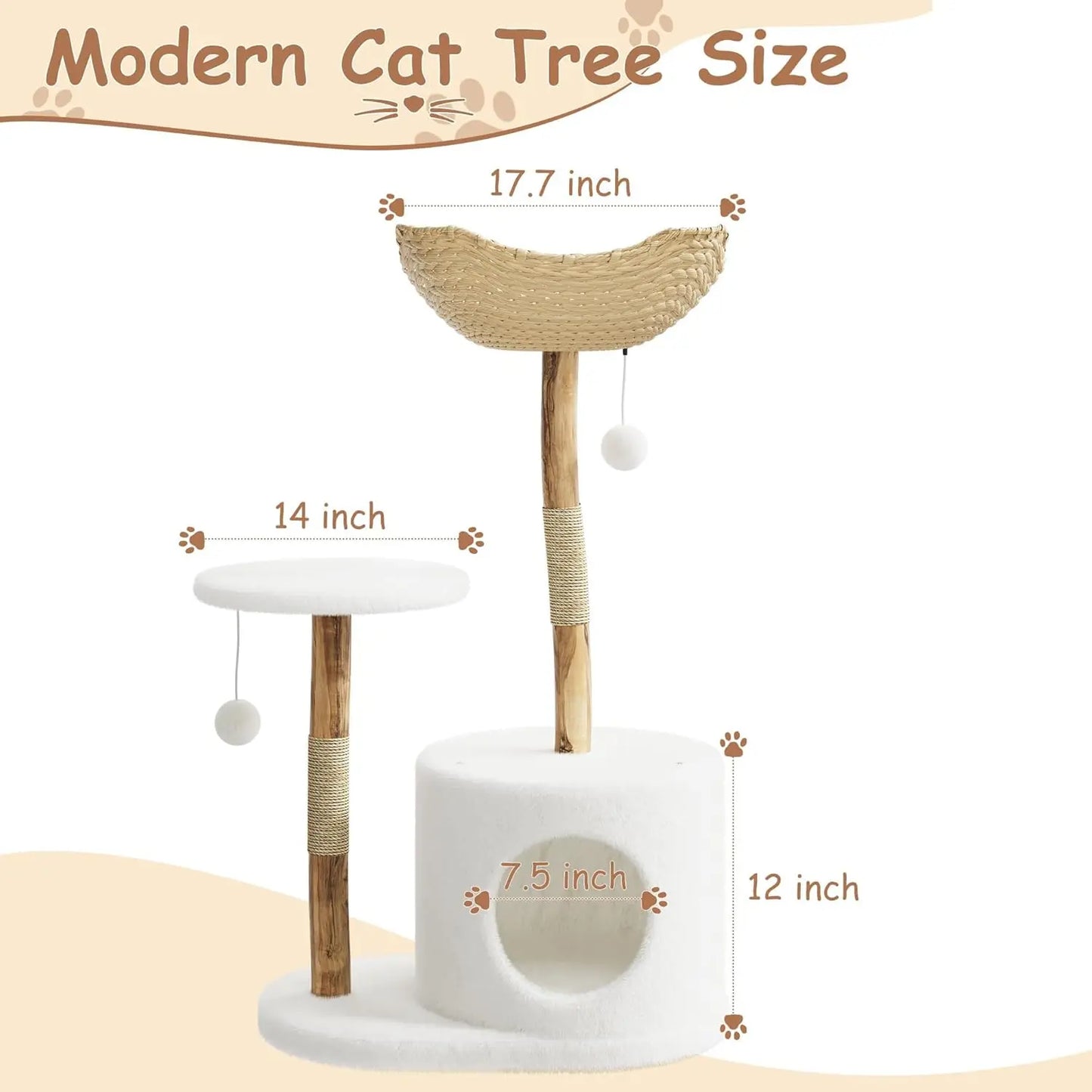 Cat Tree for Large Cats, Wood Cat Tower with Rattan Basket and Platform, Luxury Condo & Perches,Climbing Tree House for Cats