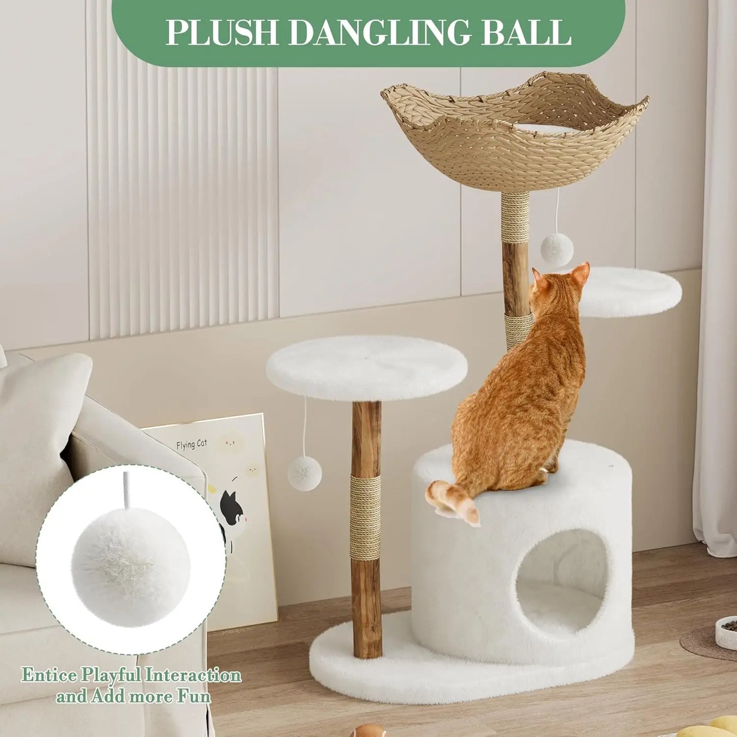 Cat Tree for Large Cats, Wood Cat Tower with Rattan Basket and Platform, Luxury Condo & Perches,Climbing Tree House for Cats