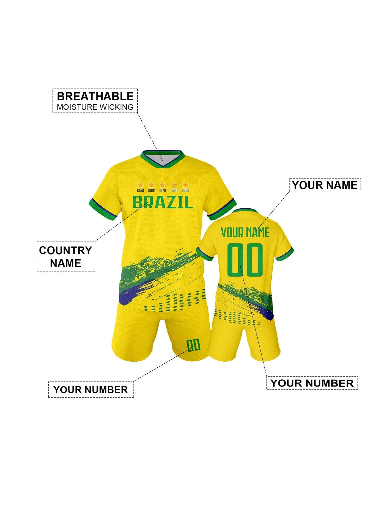 Custom Soccer Jersey Set Brazil Personalized Name Number Football Shirt for School Team Club Kids Youth Practice Soccer Uniform