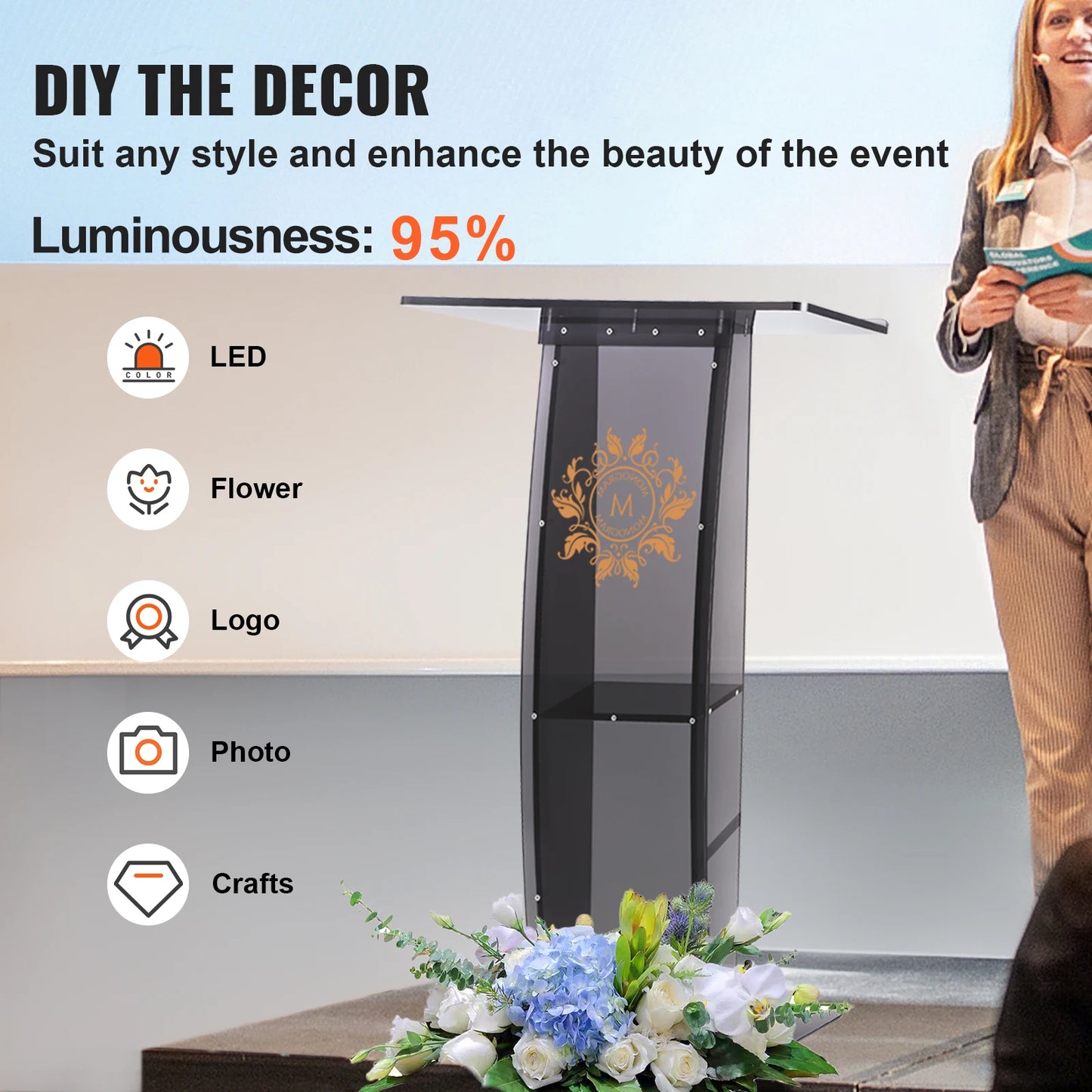 SucceBuy 47" Acrylic Podium Stand Floor-Standing Clear Pulpits Acrylic Desktop Lecterns W/ Storage Shelf  for Church Office