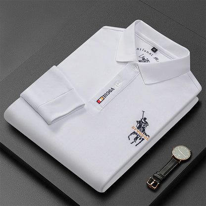 Men's Long Sleeve Polo Shirt Polyester Knit With Horse Embroidery