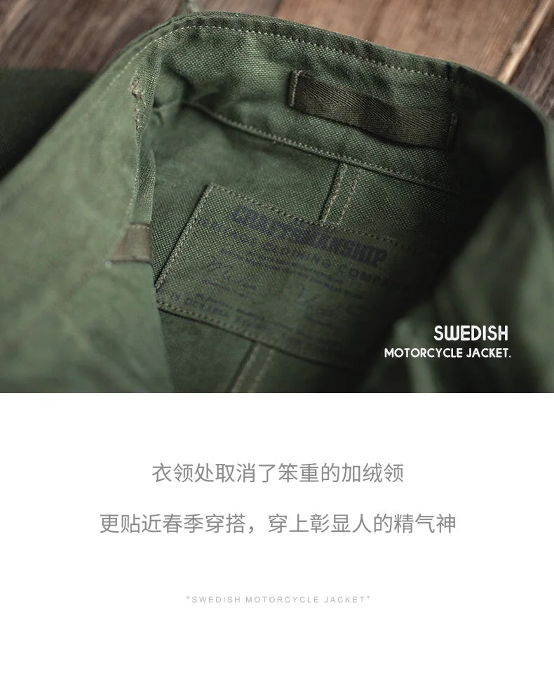 Maden Retro 16oz Canvas Swedish Motorcycle Green Jacket Pocket Bomber Jacket Casual Hunting Work Outwear for Men Spring and Fall