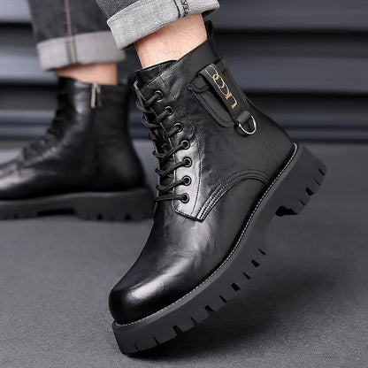 Mens Genuine Leather Motorcycle Boots Mid Calf With Thick Sole