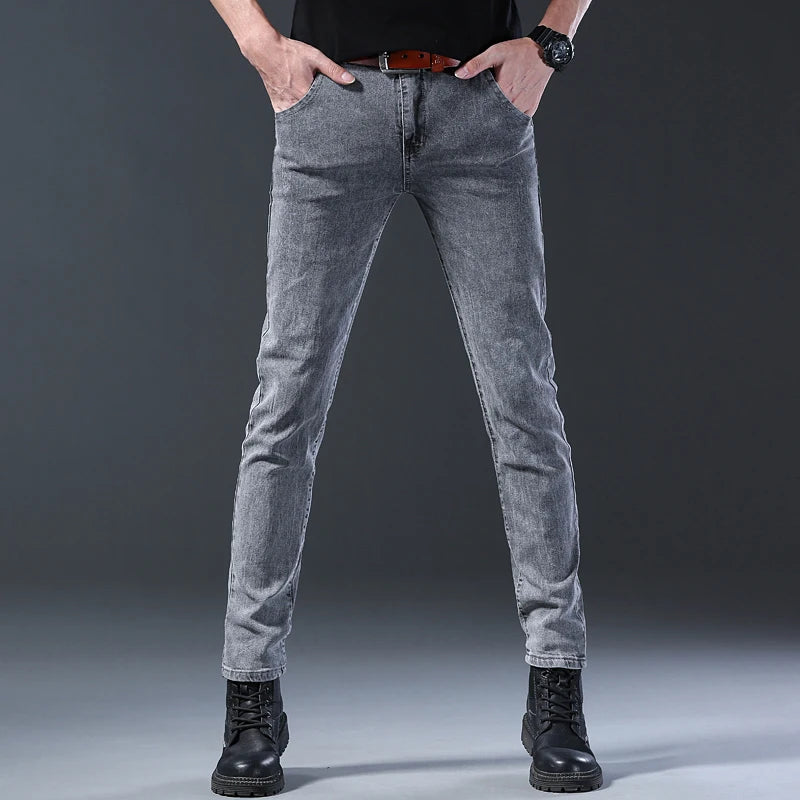 Men's Slim Fit Jeans Gray Elastic Mid-Waist Denim Straight Leg