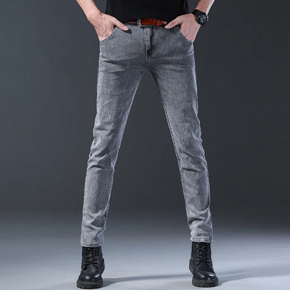Men's Slim Fit Jeans Gray Elastic Mid-Waist Denim Straight Leg