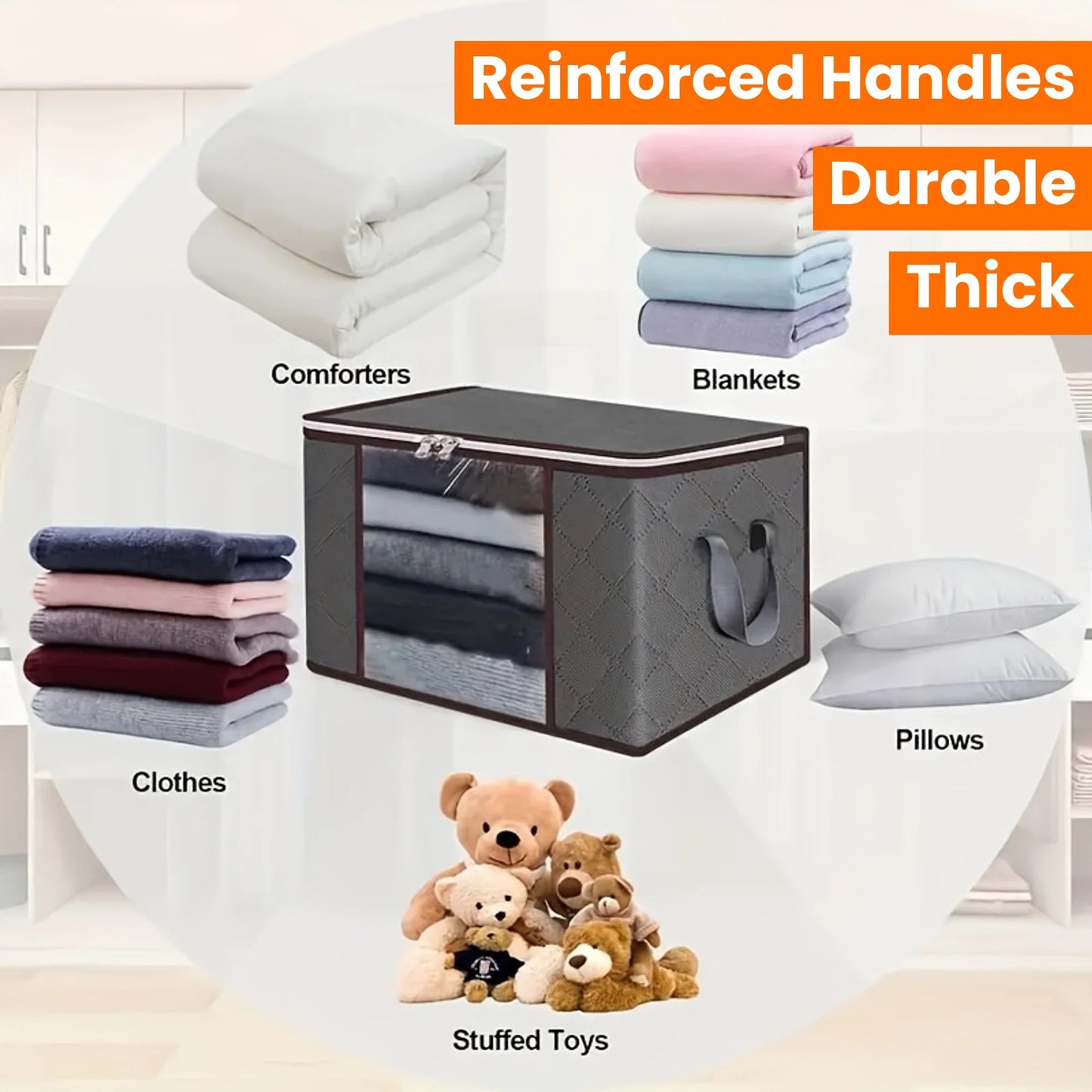 6pcs 23.78 gallon oversized storage bag with zipper and lid - Foldable and durable clothing organizing bag suitable for bedding