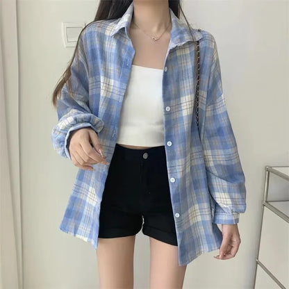Women Plaid Shirt Long Sleeve Turn Down Collar Single Breasted Loose Fit