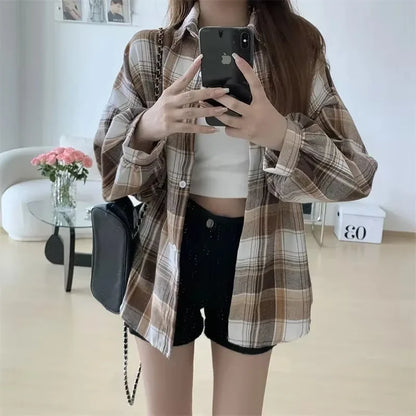 Women Plaid Shirt Long Sleeve Turn Down Collar Single Breasted Loose Fit