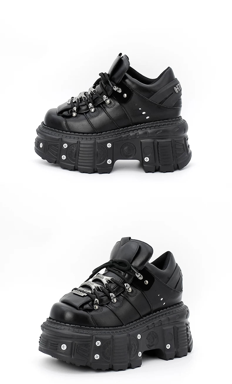 2025 New Punk Style Women Shoes Lace-up Heel Height 6CM Platform Shoes Woman Gothic Ankle Rock Boots Metal Decor Woman Sneakers
