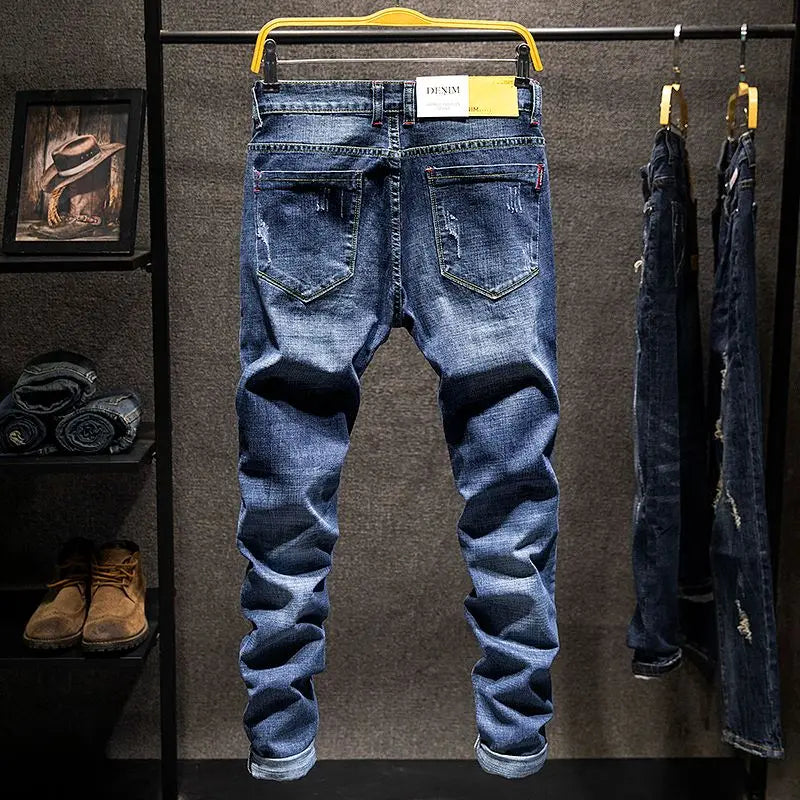 Men's Slim-Fit Elastic Jeans, Ripped Denim, Cotton, Blue Black