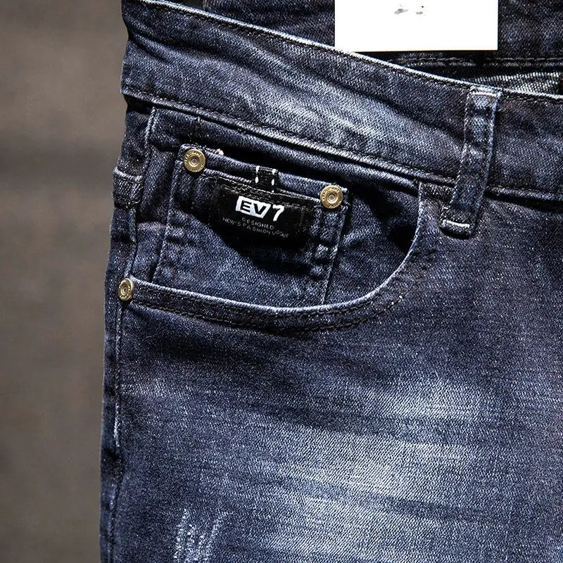 Men's Slim-Fit Elastic Jeans, Ripped Denim, Cotton, Blue Black