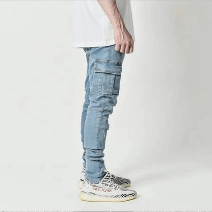 Denim Cargo Pants, Slim Fit, Mid Waist, Multi Pocket, Solid Color Wash
