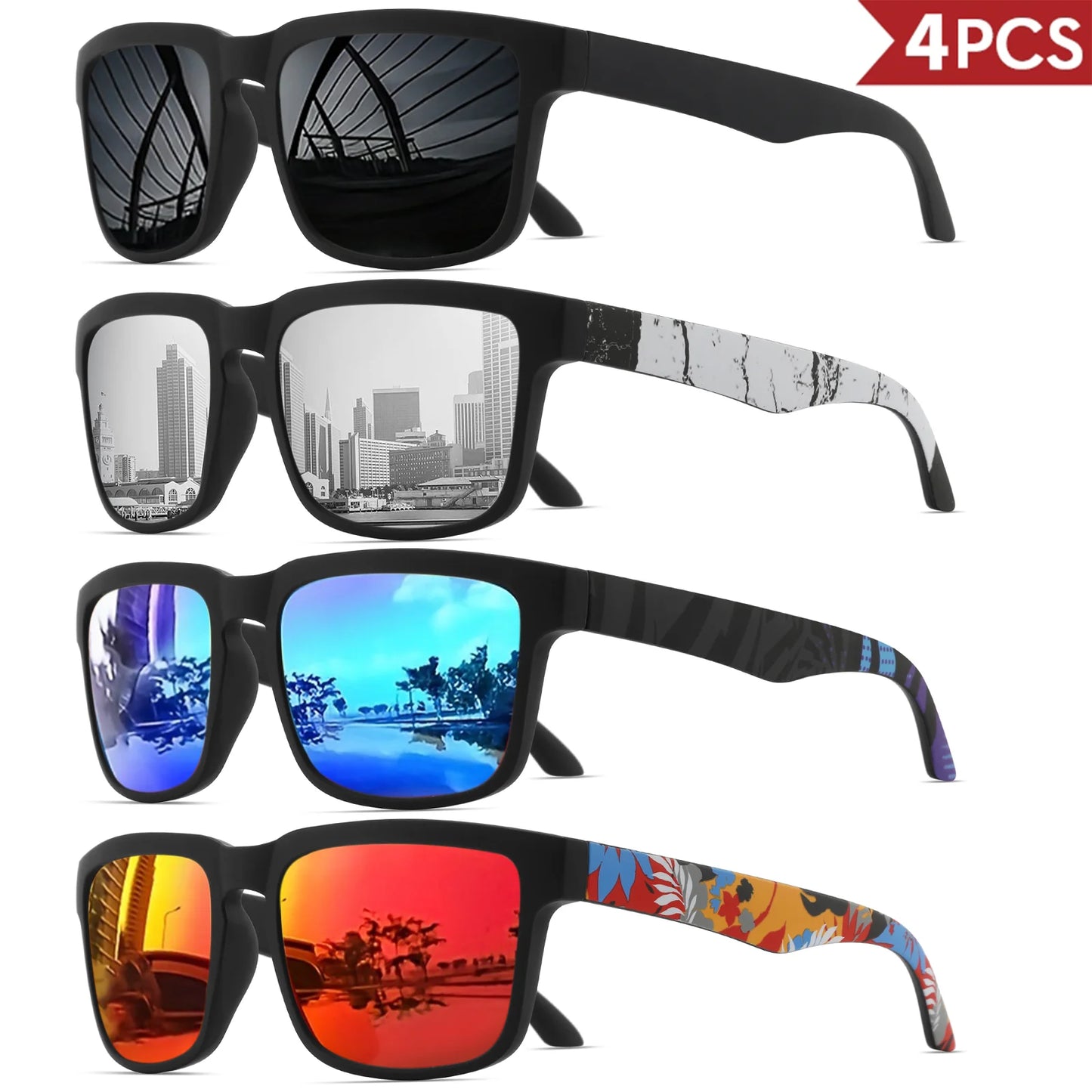 4PCS Square Sports Sunglasses with Designer Temple Pattern - UV400 for Men Women, Beach Vacation