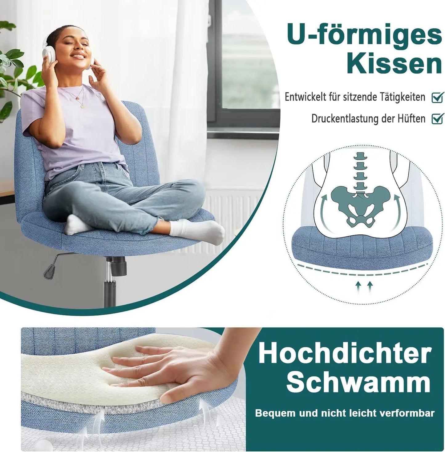 Criss Cross Legged Office Chair, Armless Wide Seat No Wheels, Modern Home Desk Height Adjustable Swivel