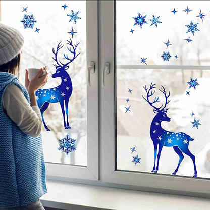 Holiday Window Clings – Blue Snowflake & Elk Christmas Static Stickers for Festive Wall & Glass Decor