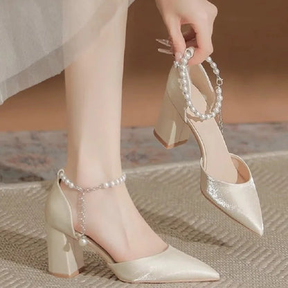 Pearl-Embellished Satin Heels, 5cm Chunky Low Heel, Adjustable Ankle Strap