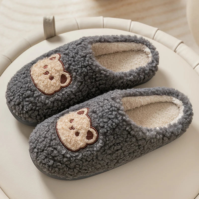 TZLDN Fashion Men's Slippers Winter Warm Cartoon Bear Lovely Indoor Soft Sole Non-slip Dormitory Causal Home Plush Shoes Couple