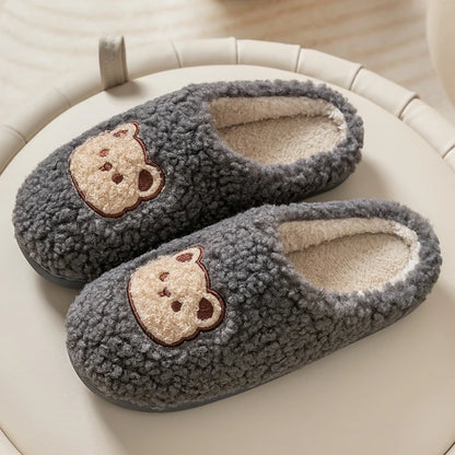 Mens Indoor Slippers Plush Lining Non Slip Sole Warm Winter Bear Design