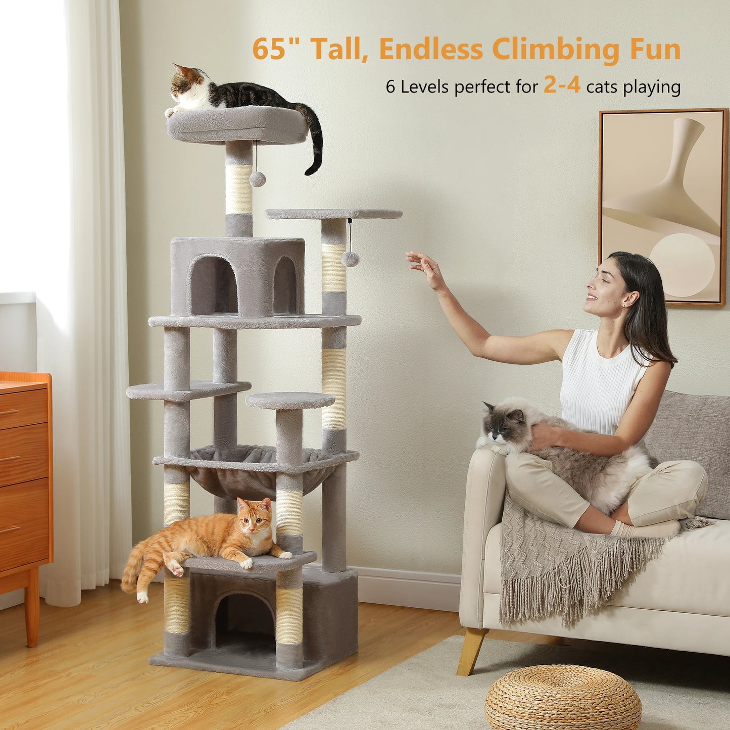 Spacious Cat Tree Tower with Hammocks and Scratching Posts