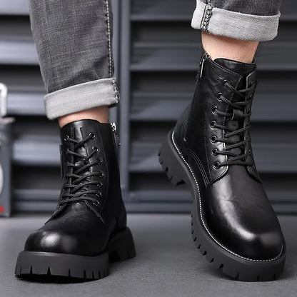 Mens Genuine Leather Motorcycle Boots Mid Calf With Thick Sole