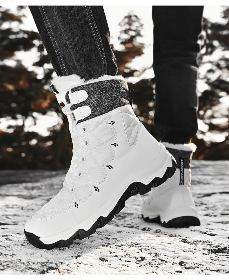 Men's Winter Snow Boots Leather Waterproof Mid-Calf Plush Lining Lace-Up