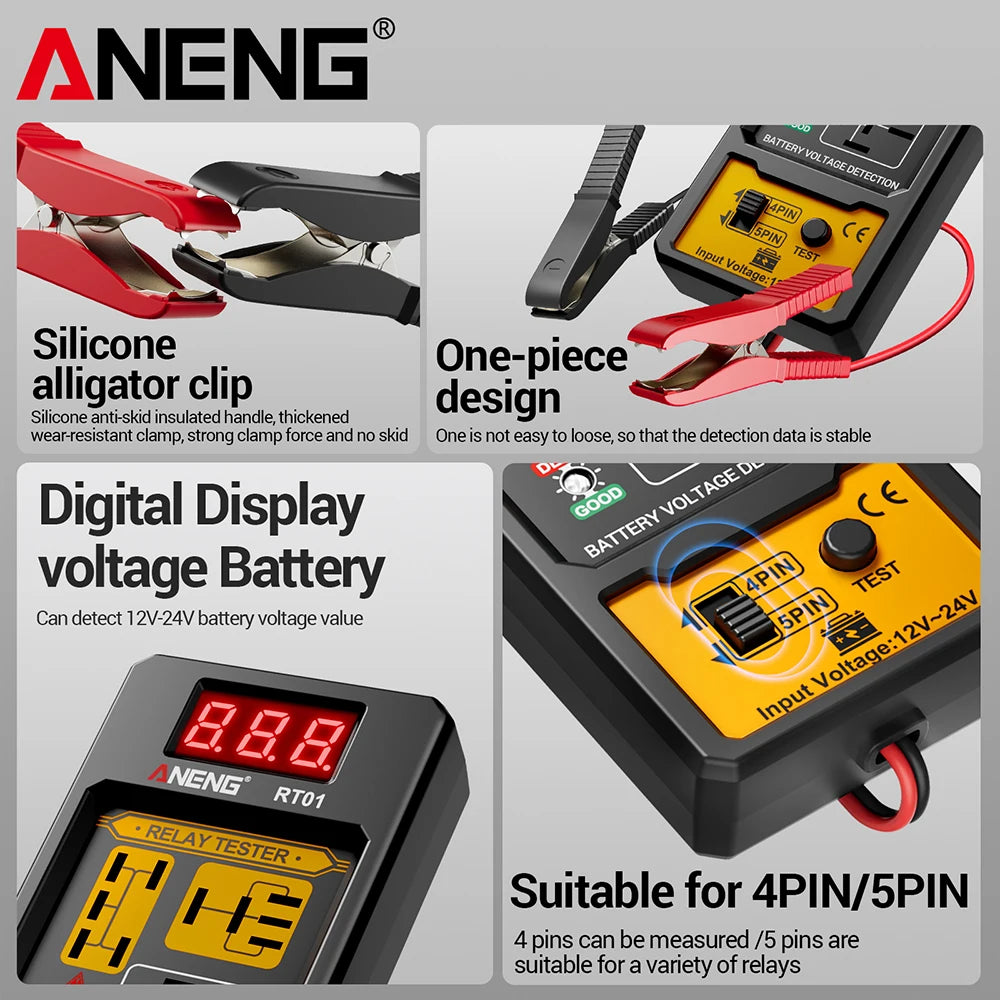 ANENG 11-25V Relay Detector RT01 Digital Universal 4/5 Pins Car Battery Vehicle Detection Digital Display Voltage Battery Tester