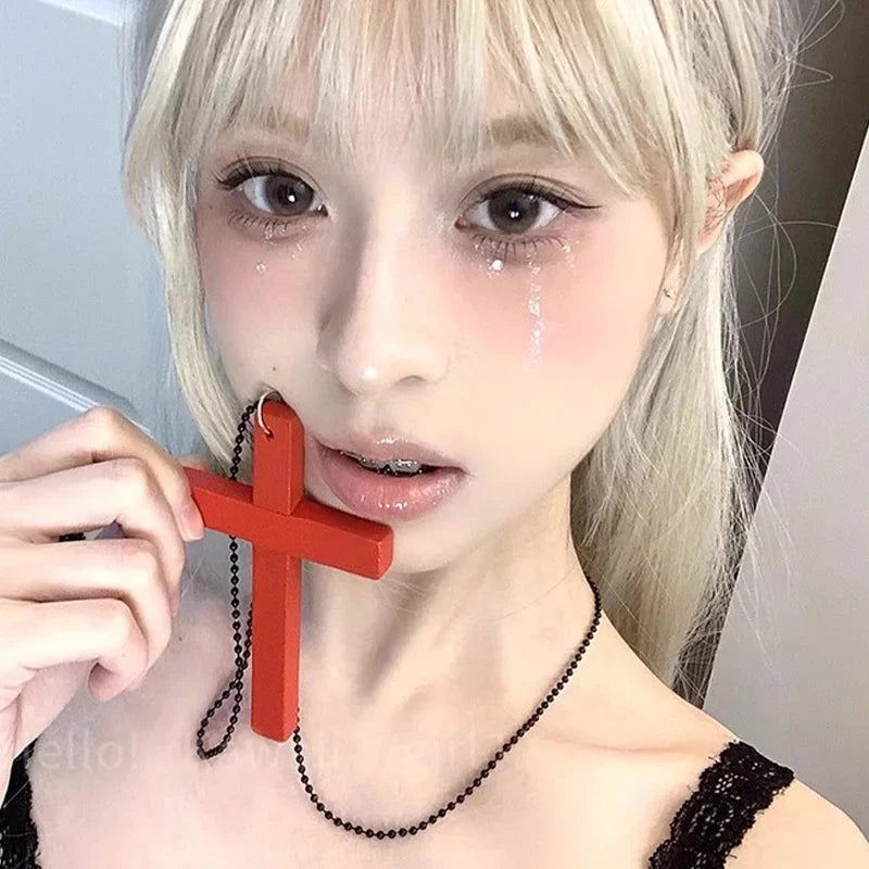 2025 New Cool Punk Gothic Wood Cross Pendant Necklace for Women Men Vintage Black White Hip Hop Y2k Necklace Party Jewelry Gift