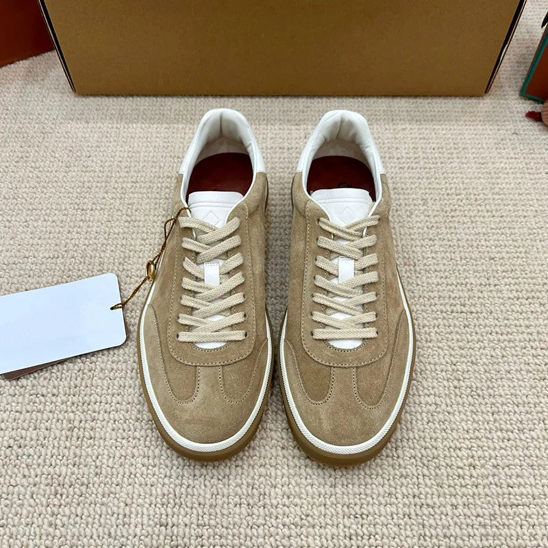 Men's Genuine Leather Lace Up Round Toe Trainer Shoes White