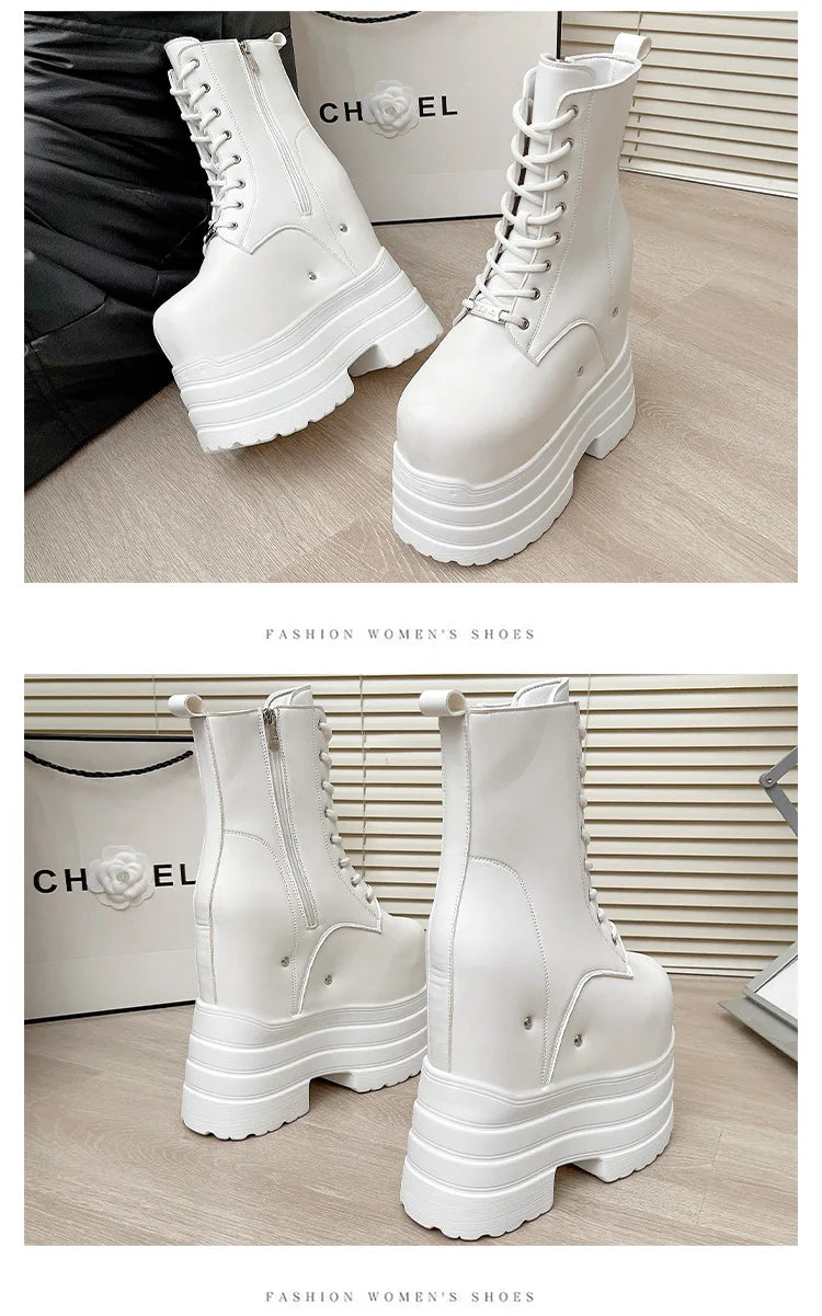 Height Increasing Women's High Boots Black Leather Thick Bottom Platform Shoes Side Zip Gothic Punk Short Boots Street Style