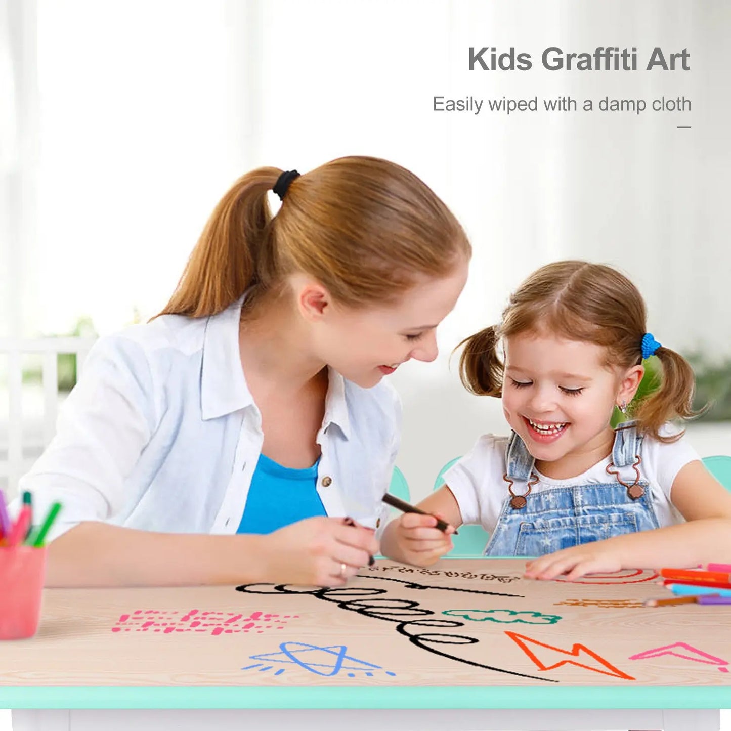 Kids Table and 4 Chairs Set, Height Adjustable Toddler Table and Chair Set, Graffiti Desktop, Non-Slip Legs, Children Multi-Acti