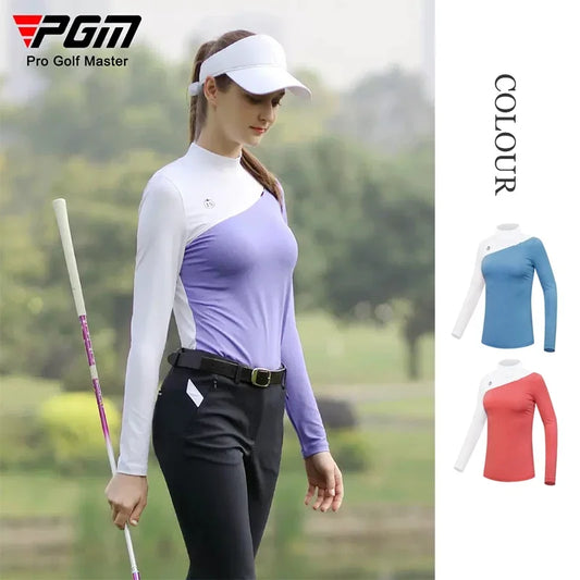 PGM Golf Clothing Ladies Long Sleeve Bottoming Shirts for Women Warm Slim Fit Golf Shirts Female Patchwork Stretch Sports Tops