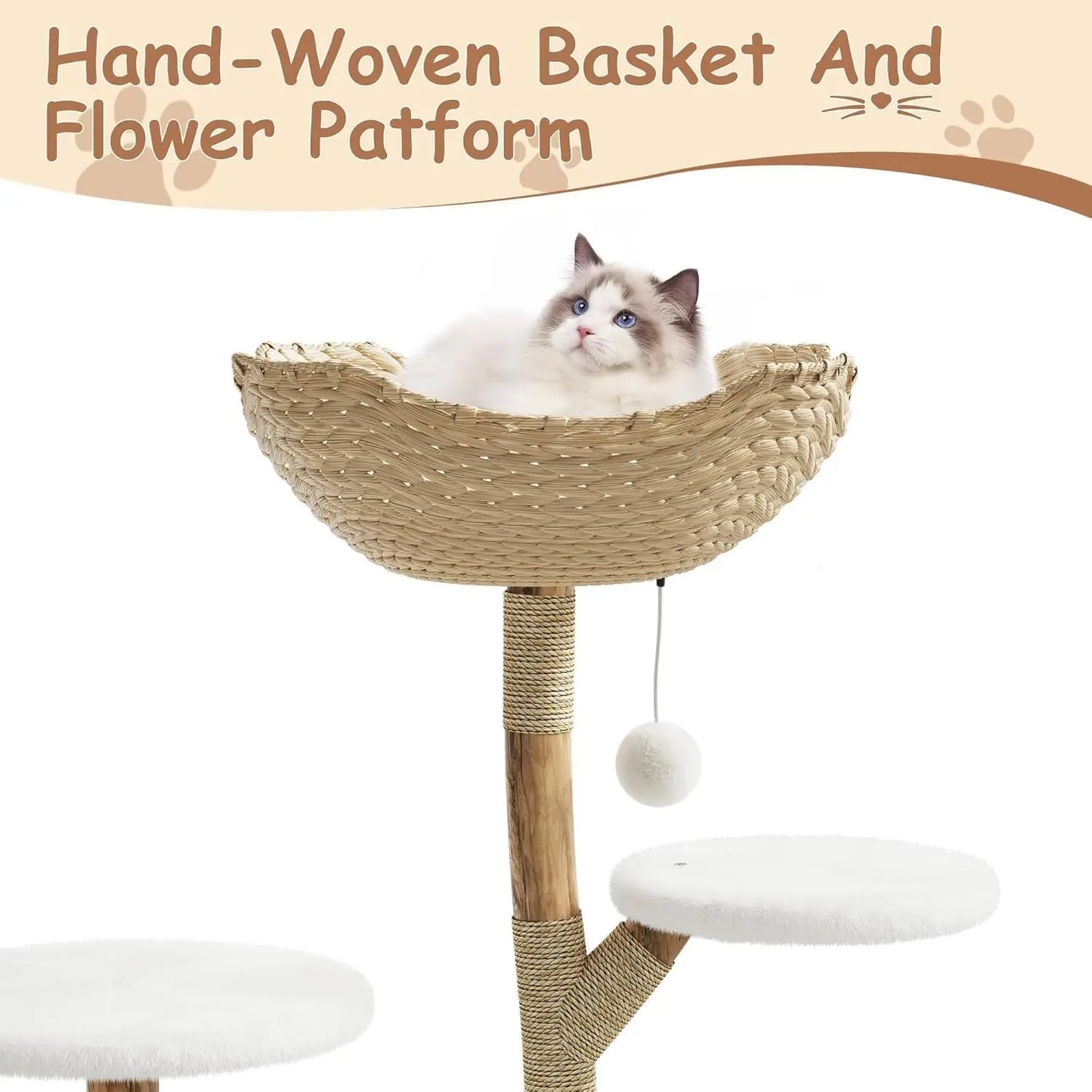 Cat Tree for Large Cats, Wood Cat Tower with Rattan Basket and Platform, Luxury Condo & Perches,Climbing Tree House for Cats