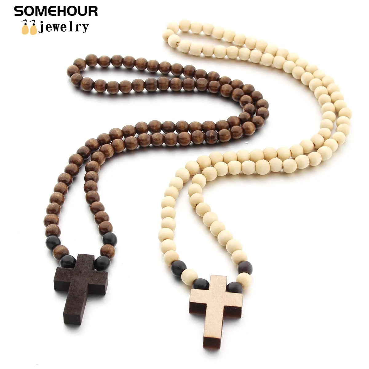 Wood Bead Cross Necklace & Bracelet Set – Religious Accessories for All
