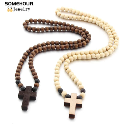 Wood Bead Cross Necklace & Bracelet Set – Religious Accessories for All