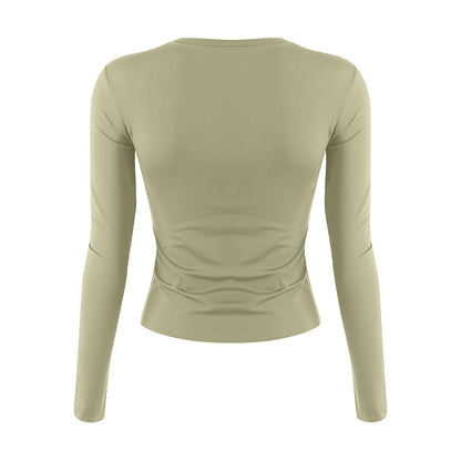 O-Neck Long Sleeve Cropped Top For Women Broadcloth Polyester
