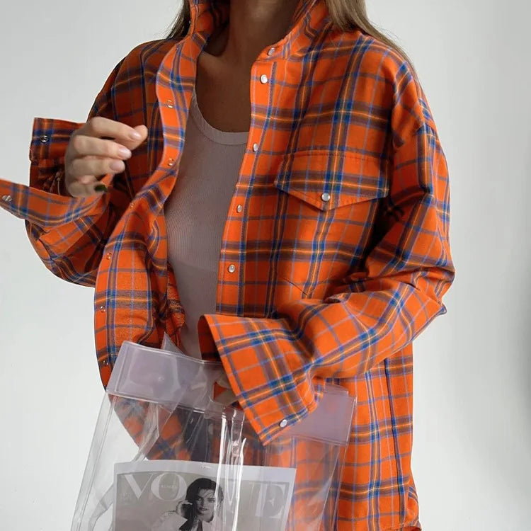 Oversized Plaid Shirt For Women Long Sleeve Button-Down Korean Style