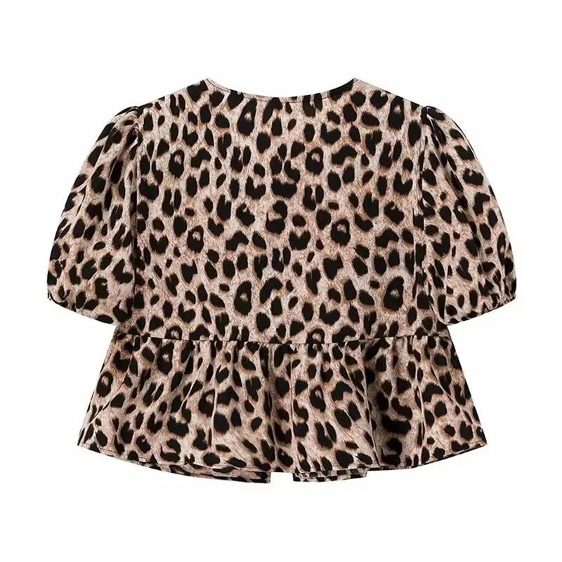 MUJER Leopard Print Crop Top Women Puff Sleeve Ruffle Blouses Woman 2025 Summer Shirts and Blouses for Women Ruched Ladies Tops