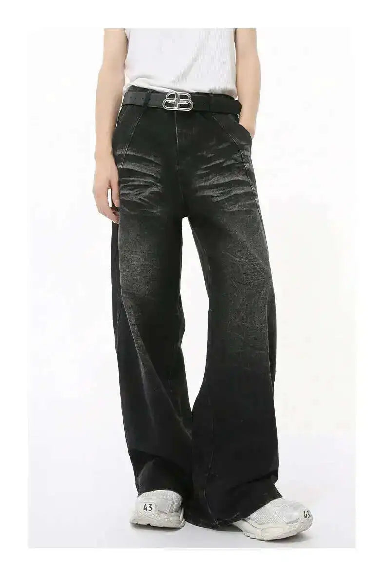 IEFB High Street Men's Jeans Casual Washed Whiskers Solid Color Loose Trendy Straight Wide Leg Male Denim Pants Autumn 9C7862