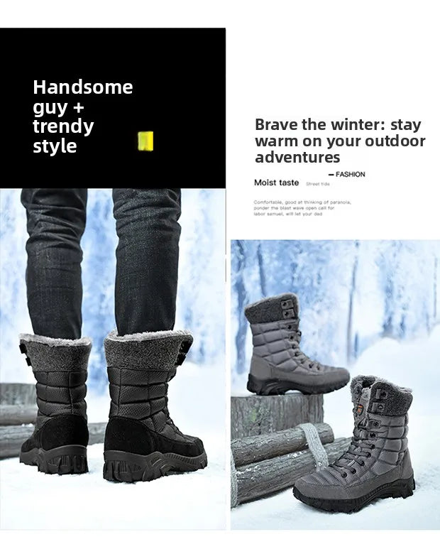 Men Winter Snow Boots Waterproof Leather High Top Plush Lined MidCalf Big Size