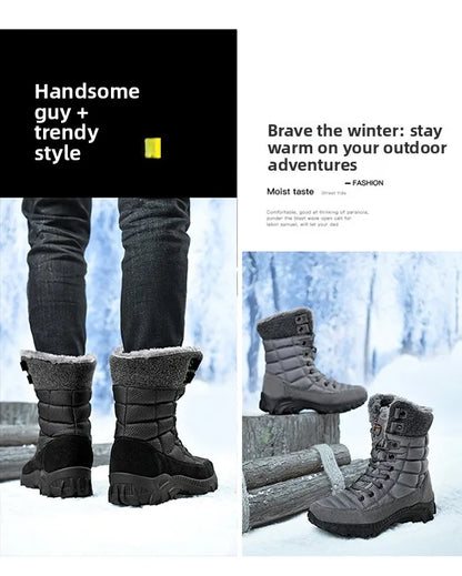 Men Winter Snow Boots Waterproof Leather High Top Plush Lined MidCalf Big Size