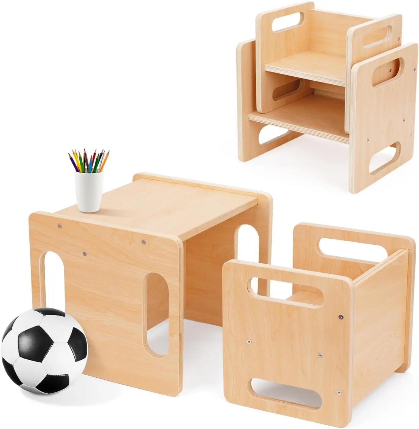 Weaning Table and Chair Set, Kids Activity Table and Chair Set with Fence for Read, Play Toys, Snack Time, Step Stool