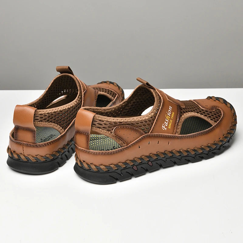 Men's Breathable Leather and Mesh Sandals with Elastic Band