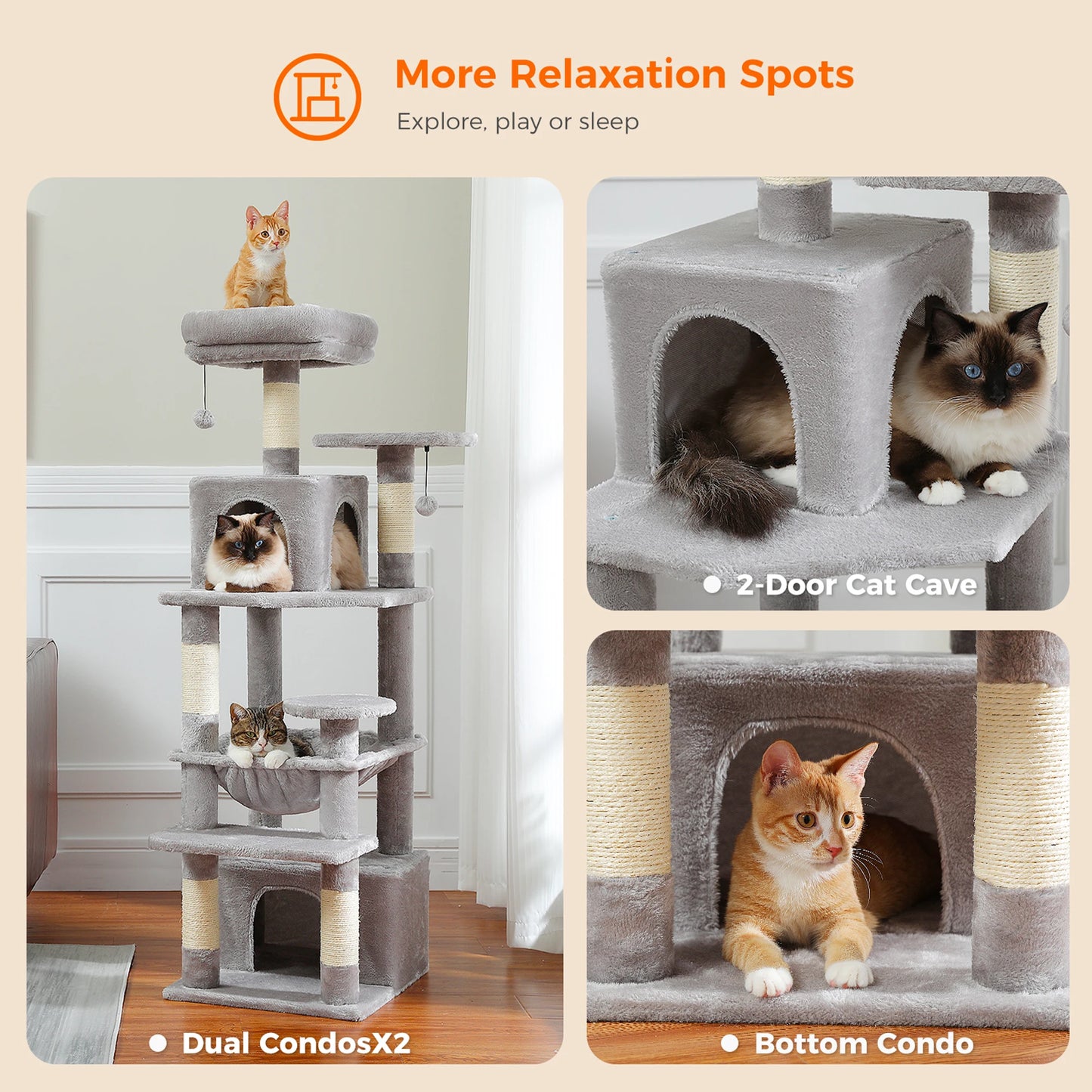 6-levels Cat Tree Tower with Joyful Pompom,Cozy Hammock,Double Condos,2 Top Perches,5 Scratching Posts Perfect for Indoor Cats