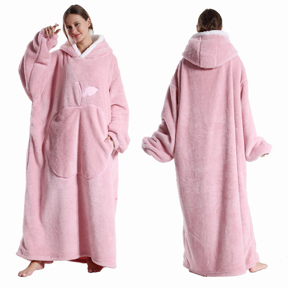 Extra Long Hooded Blanket – Winter Flannel Wearable Throw with Full Sleeves