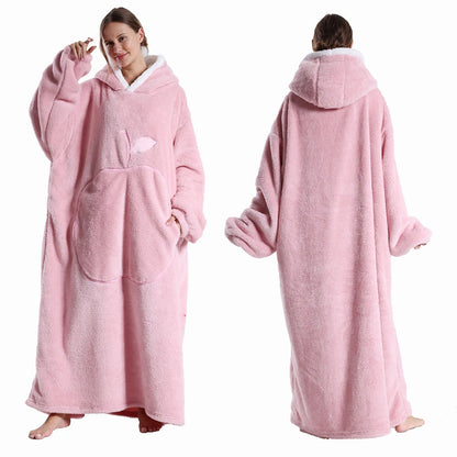Extra Long Hooded Blanket – Winter Flannel Wearable Throw with Full Sleeves