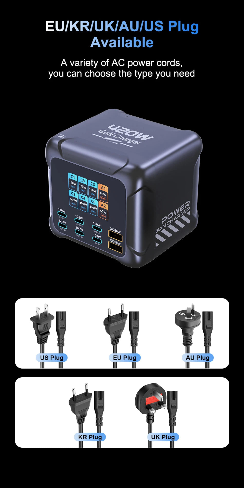 Ubigbuy 300W GaN Charger PPS PD 100W USB Type C 6-Port Digital Display Desktop Fast Charging Station for MacBook iPhone Samsung