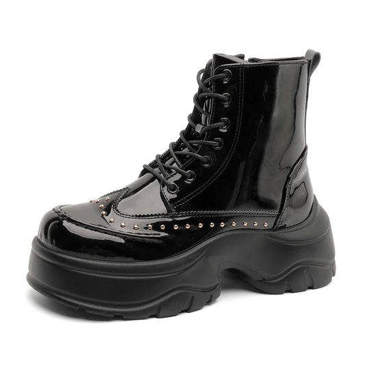 Mid-Calf Leather Motorcycle Boots With Rivet And Lace-Up 4.5 cm Thick Sole